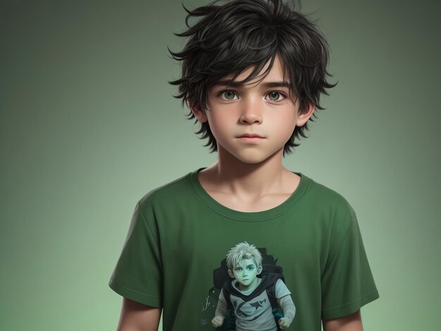 A cool little boy wearing a green tshirt