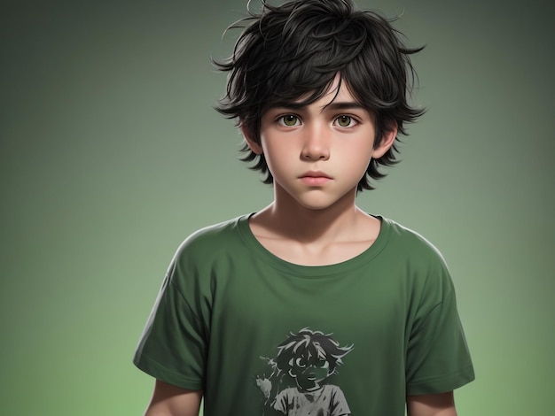 A cool little boy wearing a green tshirt