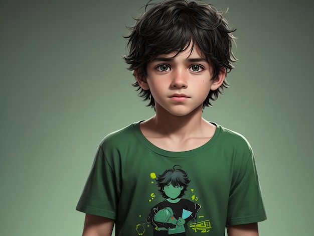 A cool little boy wearing a green tshirt