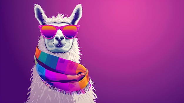 Photo a cool llama wearing sunglasses and a scarf the llama is standing in front of a pink background the llama is looking at the camera