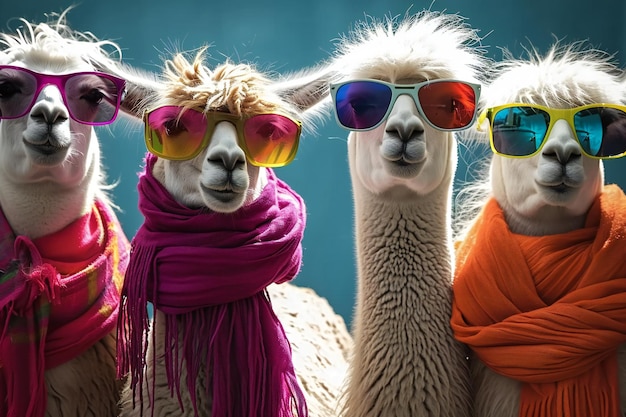 Cool llamas in scarves and sunglasses