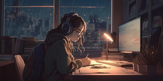 Cool Lofi Girl studeert aan haar bureau Regenachtig of bewolkt buiten mooi chill sfeervol behang 4K streaming achtergrond lofi hiphopstijl Anime mangastijl Generatieve ai