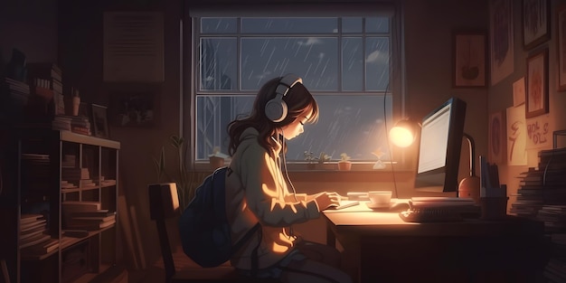 Cool Lofi Girl studying at her desk Rainy or cloudy outside beautiful chill atmospheric wallpaper 4K streaming background lofi hiphop style Anime manga style Generative ai