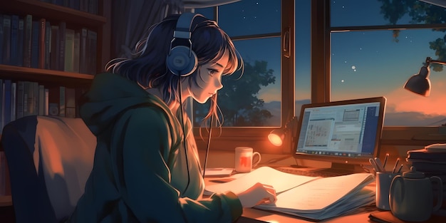 Cool Lofi Girl studying at her desk Sunset outside beautiful chill atmospheric wallpaper 4K streaming background lofi hiphop style Anime manga style Generative ai