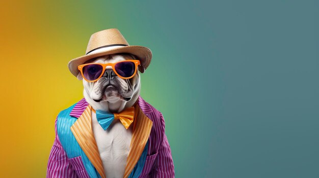 Cool looking bulldog wearing funky fashion dress space for text right side