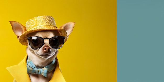 Cool looking chihuahua dog wearing funky fashion dress space for text right side generative ai