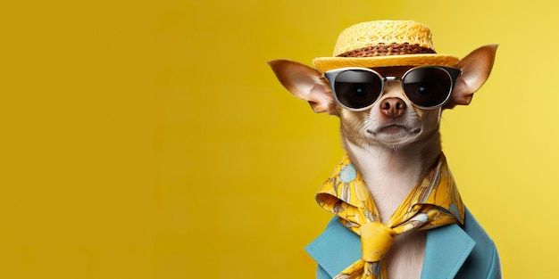 Cool looking Chihuahua dog wearing funky fashion dress space for text right side Generative AI