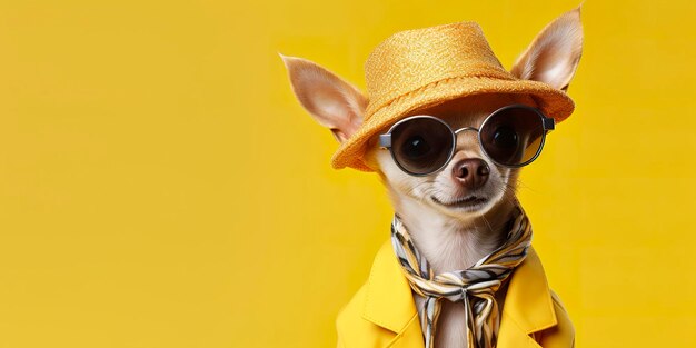 Cool looking chihuahua dog wearing funky fashion dress space for text right side