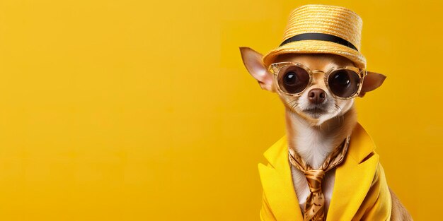 Cool looking Chihuahua dog wearing funky fashion dress space for text right side