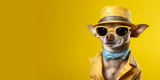 Cool looking chihuahua dog wearing funky fashion dress space for text right side