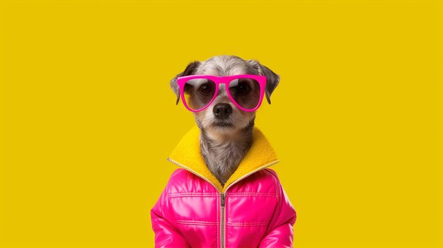 Cool looking dog wearing funky fashion dress bright yellow jacket vest sunglasses generative ai