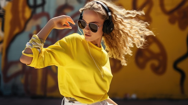 Cool meisje luistert naar muziek via koptelefoon en danst op straat.