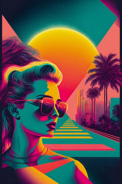 Cool Miami girl 80s and 90s Vibes Fashion and Style Vintage and Retro Girl illustartion granular texture