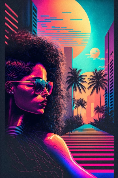 Cool Miami girl 80s and 90s Vibes Fashion and Style Vintage and Retro Girl illustartion granular texture