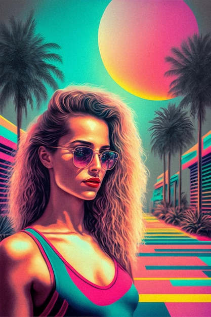 Cool Miami girl 80s and 90s Vibes Fashion and Style Vintage and Retro Girl illustartion granular texture