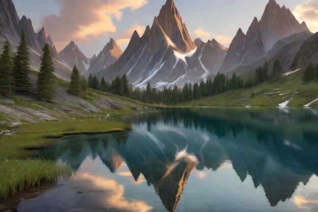 A cool mountainous landscape with jagged peaks and a peaceful lake reflecting the surrounding