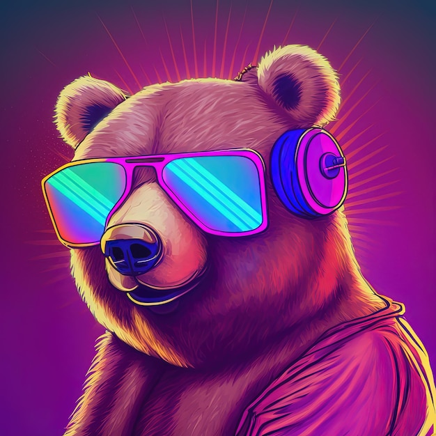 Крутой неоновый медвежонок в солнцезащитных очках Генеративный ИИ Не основан ни на одной реальной сцене