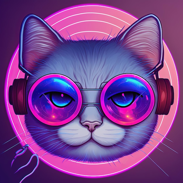 Cool neon party cat in headphones and glasses Generative AI Not based on any actual scene