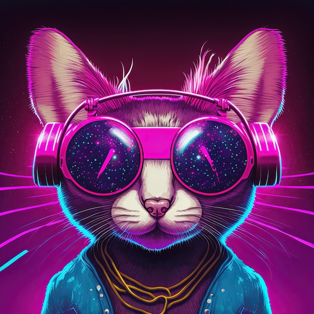 Cool neon party cat in headphones and glasses Generative AI Not based on any actual scene