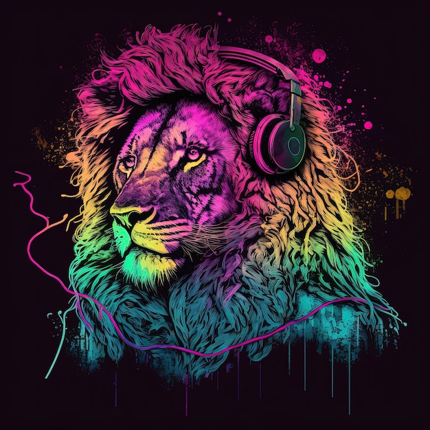 Cool neon party lion in headphones Generative AI