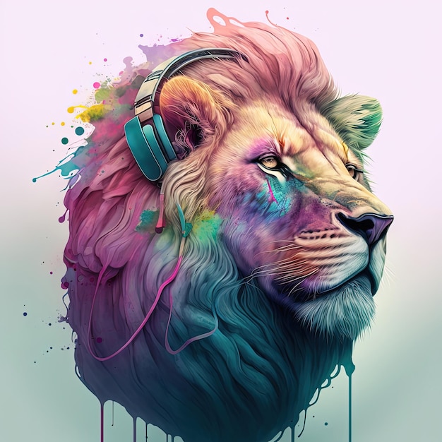 Cool neon party lion in headphones on white background Generative AI