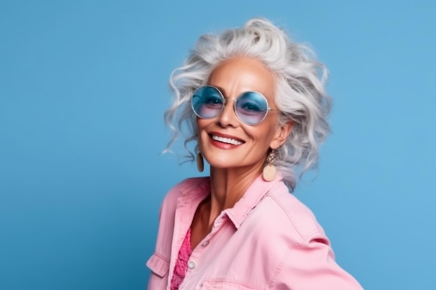 Cool old woman in funny green sunglasses posing on camera Hands crossed Wear pink hoody Stylish m