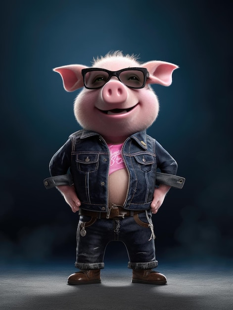 Photo cool pig with sunglasses and leather jacket