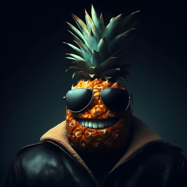 A cool pineapple with a big smile and wearing sunglasses