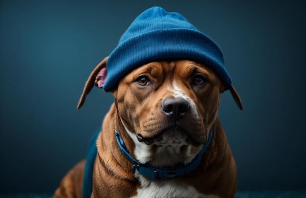 Cool pit bull dog portrait with blue hat animal wallpaper banner with copy space text