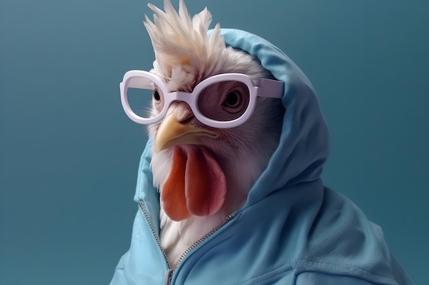 Cool playful rooster in stylish glasses and hoodie clothes The concept of a casual fashion joke is minimal Generated AI