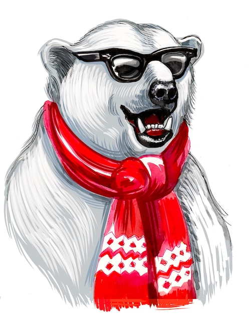 Крутой полярный медведь в красном шарфе и солнцезащитных очках