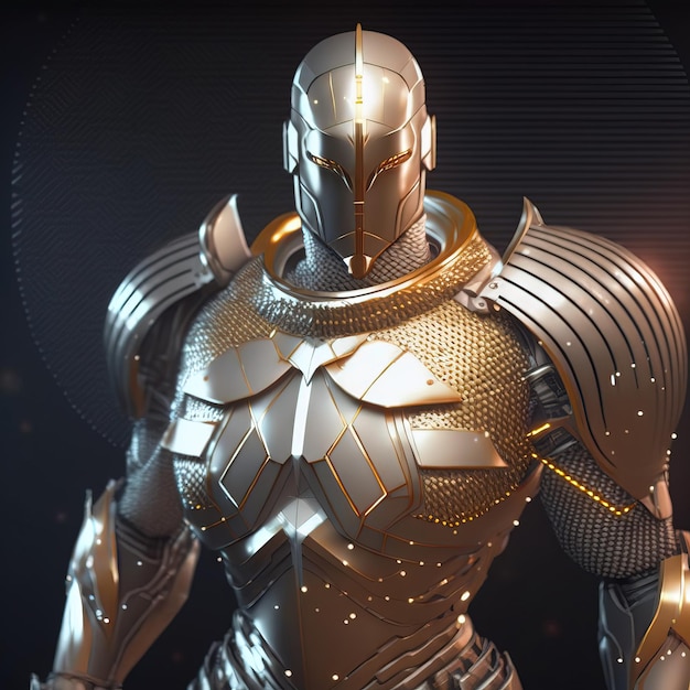 Cool portrait of a gladiator in golden metal armor 3D illustration