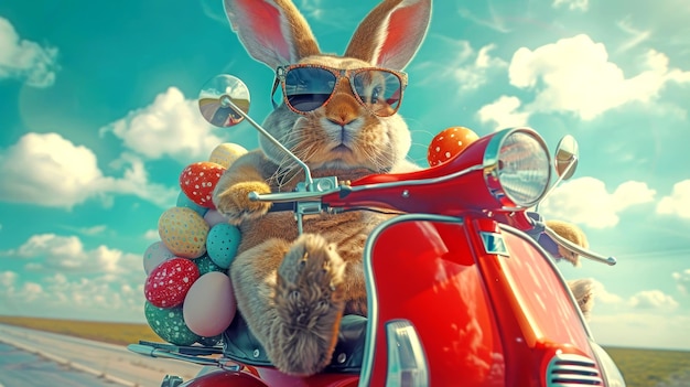赤いオートバイに乗ったクールなウサギがイースターの卵をたくさん持って道路を走っています