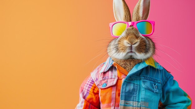 A cool rabbit wearing sunglasses and a plaid shirt is posing against a pink background