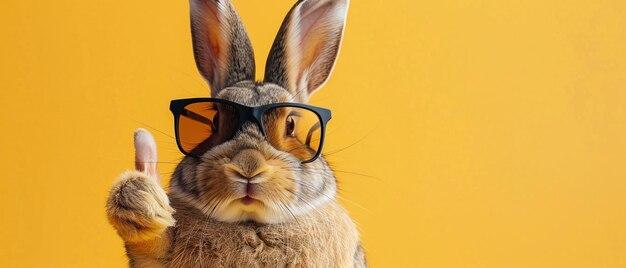 Прохладный кролик с стильными солнцезащитными очками делает жест большим пальцем вверх