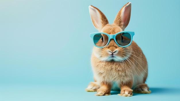 Cool Rabbit with Sunglasses Poses on Blue Background Perfect for Greeting Cards and Novelty Items Funny and Cute Animal Themed Image with Style AI