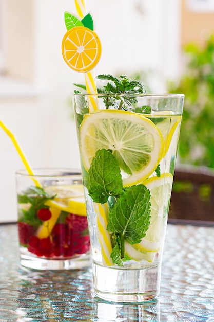 Cool refreshing mojito cocktail with lemon, mint and red currants.