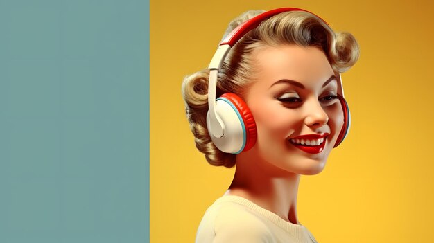 Cool Retro 1950s Woman Listening to Music with Heaphones