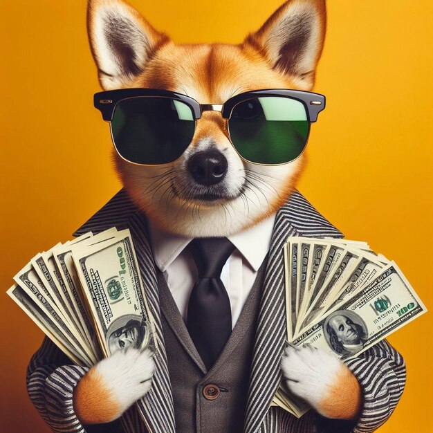 Cool rich successful dog with sunglasses and cash money Yellow background