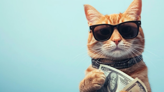 Photo cool rich successful hipster cat with sunglasses and cash money ai generative