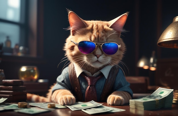 Photo cool rich successful hipster cat with sunglasses and cash money like a gangster