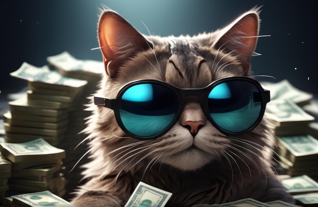 갱스터처럼 선글라스와 현금을 갖춘 멋지고 성공한 힙스터 고양이