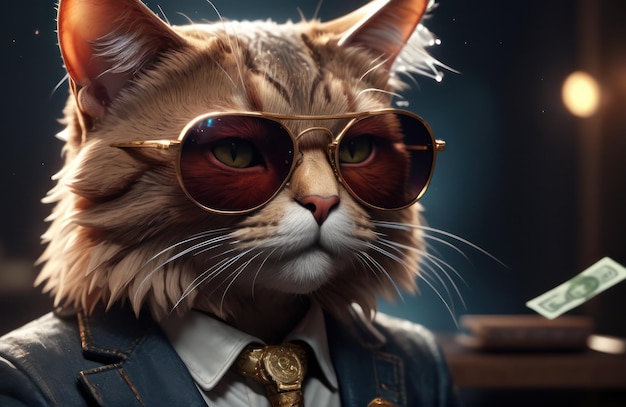 Cool rich successful hipster cat with sunglasses and cash money Like a gangster