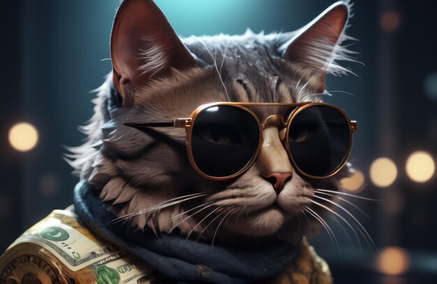 Cool rich successful hipster cat with sunglasses and cash money Like a gangster