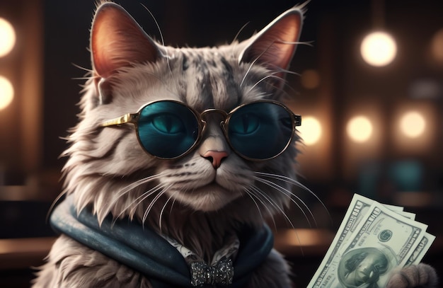 Cool rich successful hipster cat with sunglasses and cash money Like a gangster