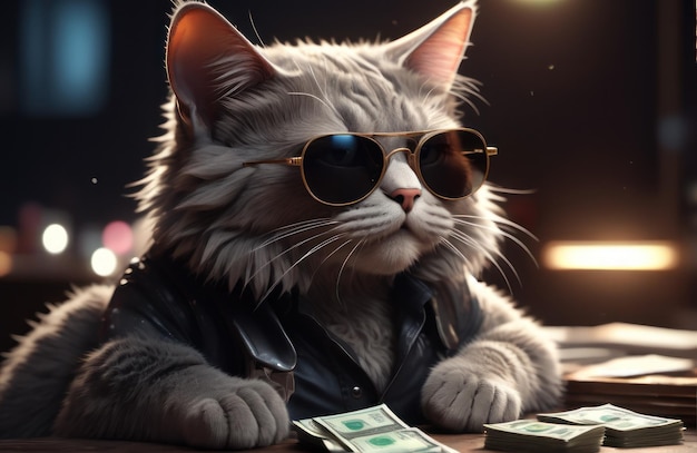 サングラスと現金を持つクールな金持ちの成功した流行に敏感な猫、ギャングのような