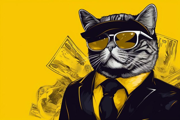 Cool rich successful hipster cat with sunglasses and cash money pastel background