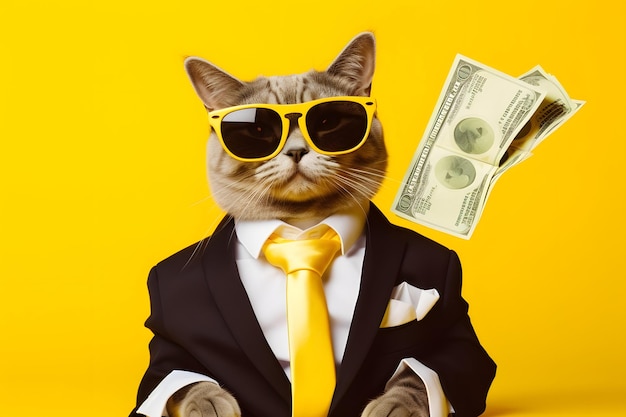 Cool rich successful hipster cat with sunglasses and cash money yellow background