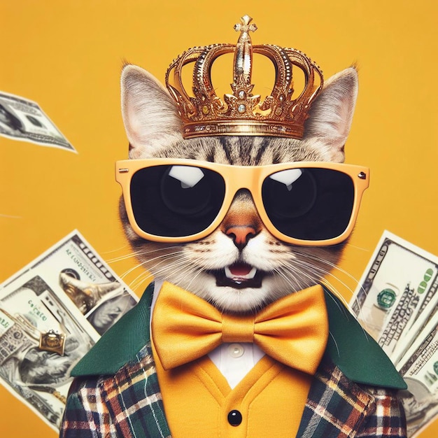 Foto cool hipster ricco di successo gatto di natale con occhiali da sole divertenti e soldi in contanti sfondo giallo