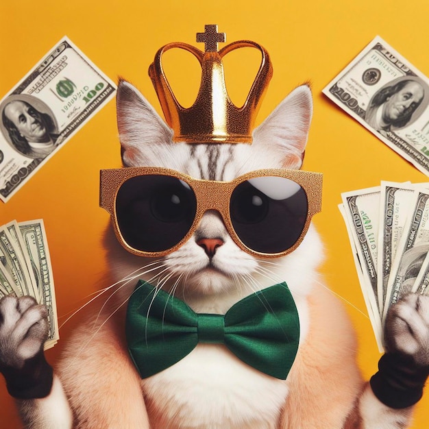 Photo cool rich successful hipster christmas cat with funny sunglasses and cash money yellow background